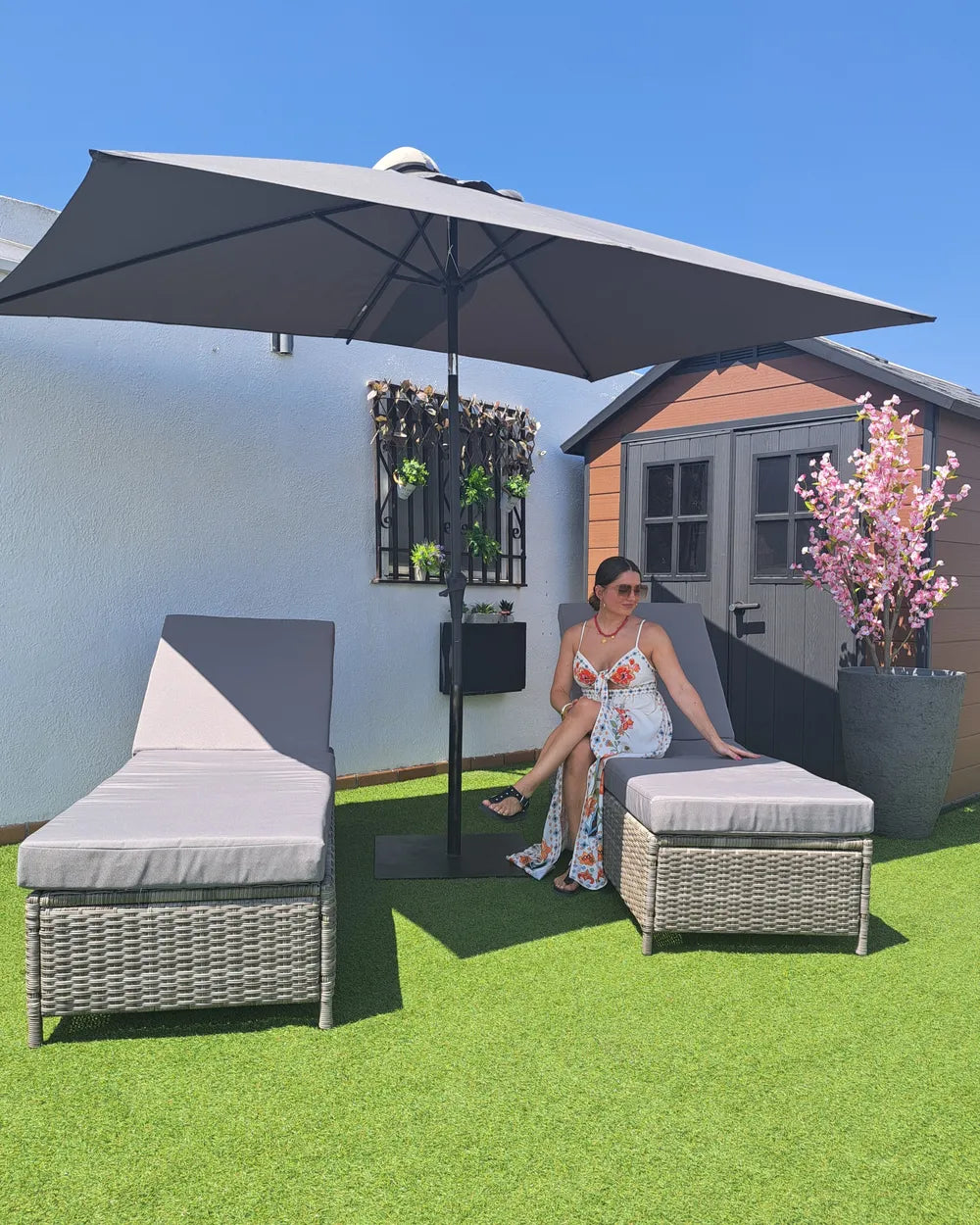 PE Rattan Reclining Sun Lounger Grey Turin II